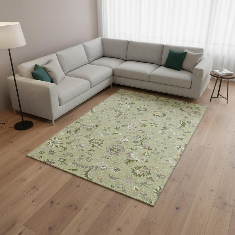 HomeRoots 9' X 12' Elegant Artichoke Green Floral Area Rug – Washable, UV-Protected & Stain-Resistant Design! 678951