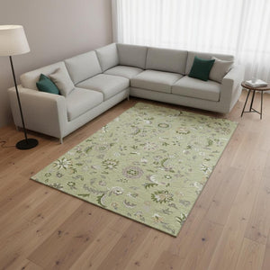 HomeRoots 9' X 12' Elegant Artichoke Green Floral Area Rug – Washable, UV-Protected & Stain-Resistant Design! 678951