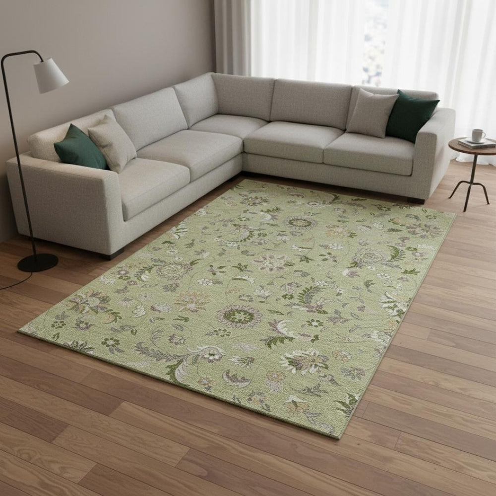 HomeRoots 10' X 14' Floral Washable Area Rug in Artichoke Green, Taupe & Ivory with UV Protection & Stain Resistance 678952