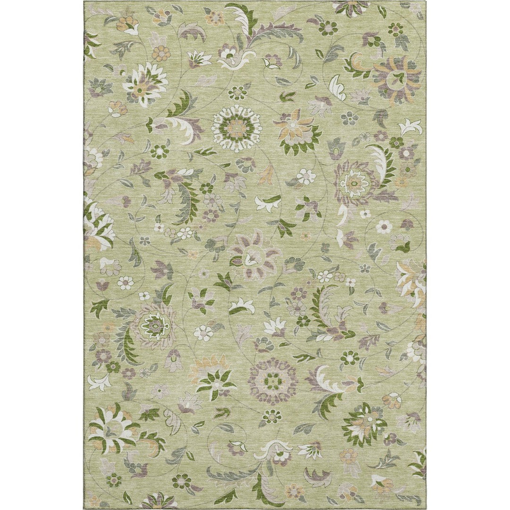 HomeRoots 10' X 14' Floral Washable Area Rug in Artichoke Green, Taupe & Ivory with UV Protection & Stain Resistance 678952