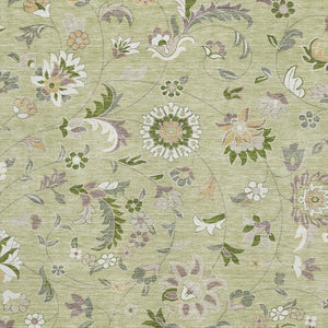 HomeRoots 10' X 14' Floral Washable Area Rug in Artichoke Green, Taupe & Ivory with UV Protection & Stain Resistance 678952