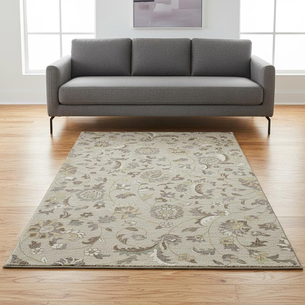 HomeRoots 5' X 8' Floral Washable Area Rug in Beige, Gray & Ivory – Durable, Stain Resistant & UV Protected! 678954
