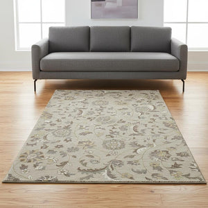 HomeRoots 5' X 8' Floral Washable Area Rug in Beige, Gray & Ivory – Durable, Stain Resistant & UV Protected! 678954
