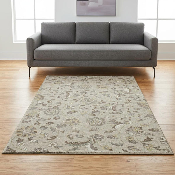 HomeRoots 5' X 8' Floral Washable Area Rug in Beige, Gray & Ivory – Durable, Stain Resistant & UV Protected! 678954