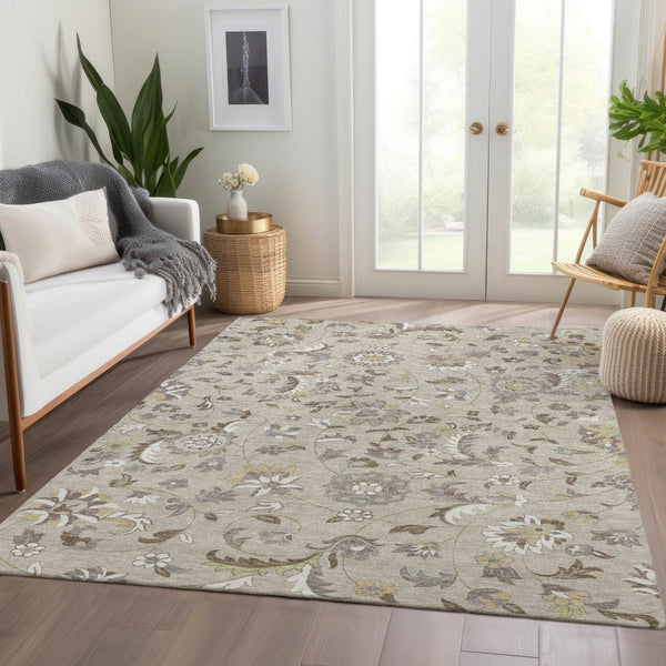 HomeRoots 5' X 8' Floral Washable Area Rug in Beige, Gray & Ivory – Durable, Stain Resistant & UV Protected! 678954
