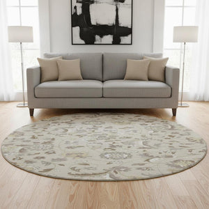 HomeRoots 8' Washable Round Rug with Floral Design - Beige, Gray & Ivory, UV Protection for Family Spaces 678955