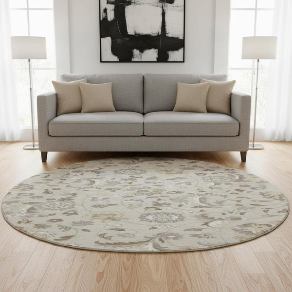 HomeRoots 8' Washable Round Rug with Floral Design - Beige, Gray & Ivory, UV Protection for Family Spaces 678955