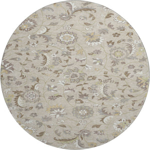 HomeRoots 8' Washable Round Rug with Floral Design - Beige, Gray & Ivory, UV Protection for Family Spaces 678955