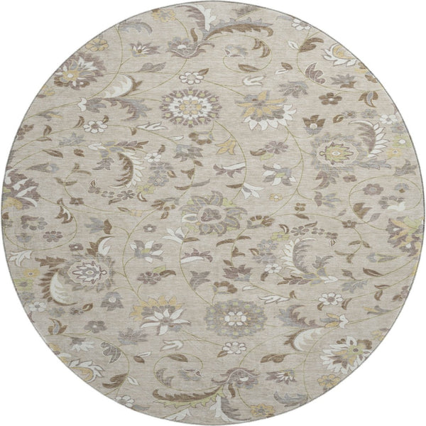 HomeRoots 8' Washable Round Rug with Floral Design - Beige, Gray & Ivory, UV Protection for Family Spaces 678955