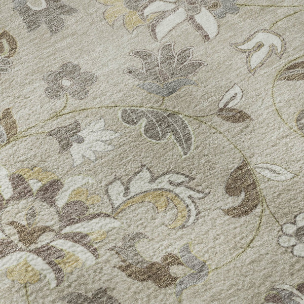 HomeRoots 8' Washable Round Rug with Floral Design - Beige, Gray & Ivory, UV Protection for Family Spaces 678955