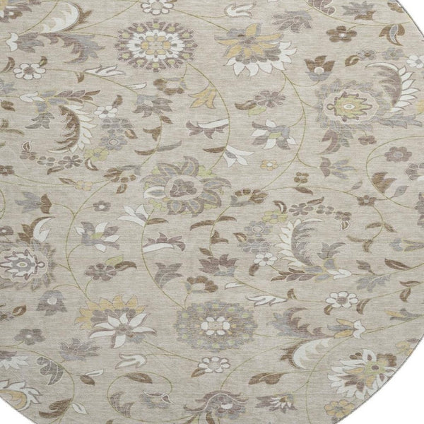 HomeRoots 8' Washable Round Rug with Floral Design - Beige, Gray & Ivory, UV Protection for Family Spaces 678955
