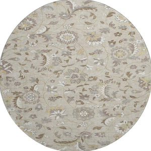 HomeRoots 8' Washable Round Rug with Floral Design - Beige, Gray & Ivory, UV Protection for Family Spaces 678955