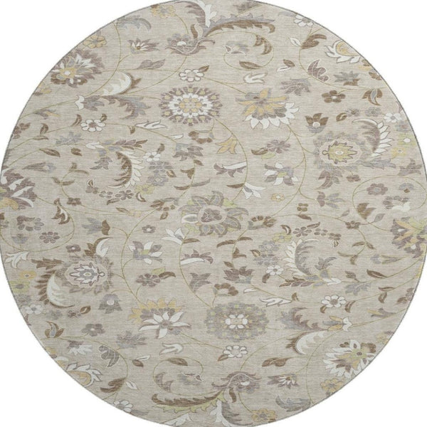 HomeRoots 8' Washable Round Rug with Floral Design - Beige, Gray & Ivory, UV Protection for Family Spaces 678955