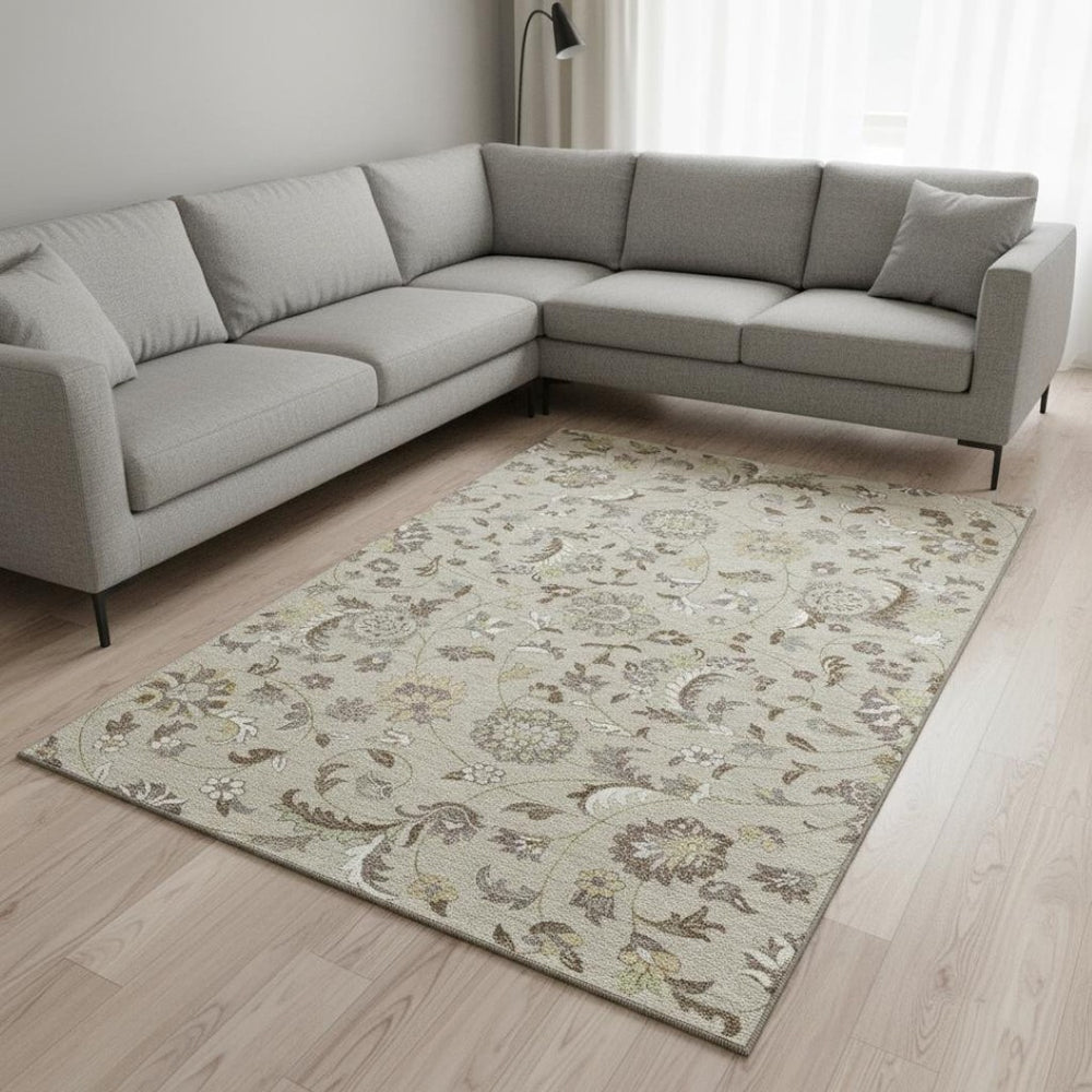 HomeRoots 8' X 10' Floral Beige Gray Ivory Washable Area Rug - UV Protected, Stain Resistant, Easy Care Design 678956