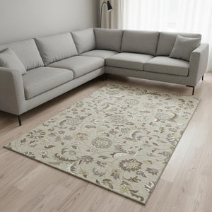 HomeRoots 8' X 10' Floral Beige Gray Ivory Washable Area Rug - UV Protected, Stain Resistant, Easy Care Design 678956