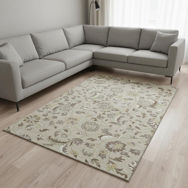 HomeRoots 8' X 10' Floral Beige Gray Ivory Washable Area Rug - UV Protected, Stain Resistant, Easy Care Design 678956