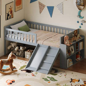 English Elm Twin Platform Kids Bed with Slide Ladder Guardrails Storage Shelf Wood Frame Gray N733S415411E