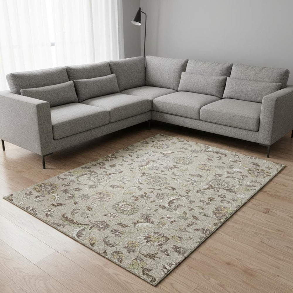HomeRoots 9' X 12' Beige Gray Ivory Floral Area Rug - Washable, UV Protected, Stain-Resistant For Family Spaces 678957