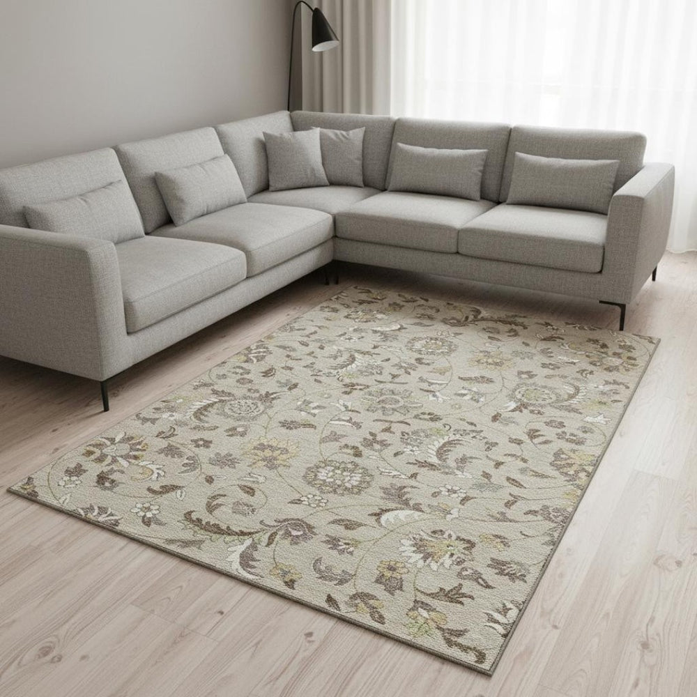 HomeRoots 10' Transitional Floral Area Rug in Beige, Gray & Ivory - Durable, Stain-Resistant with UV Protection 678958