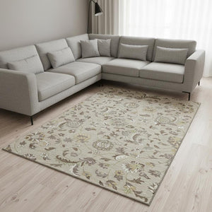 HomeRoots 10' Transitional Floral Area Rug in Beige, Gray & Ivory - Durable, Stain-Resistant with UV Protection 678958