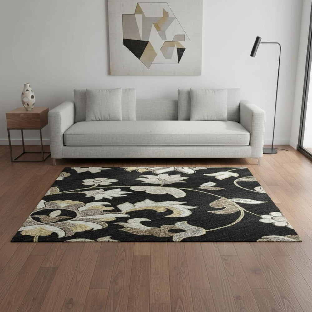 HomeRoots 5' X 8' Elegant Floral Area Rug in Black, Ivory & Beige - Washable, Stain-Resistant, UV-Protected! 678960