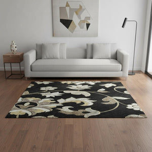 HomeRoots 5' X 8' Elegant Floral Area Rug in Black, Ivory & Beige - Washable, Stain-Resistant, UV-Protected! 678960
