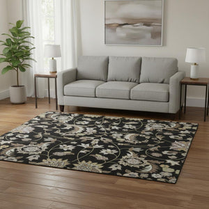 HomeRoots 8' Round Floral Washable Rug in Black, Ivory & Beige – Durable, UV Protected, Ideal for High-Traffic Spaces 678961