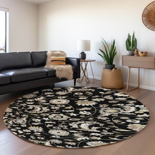 HomeRoots 8' Round Floral Washable Rug in Black, Ivory & Beige – Durable, UV Protected, Ideal for High-Traffic Spaces 678961