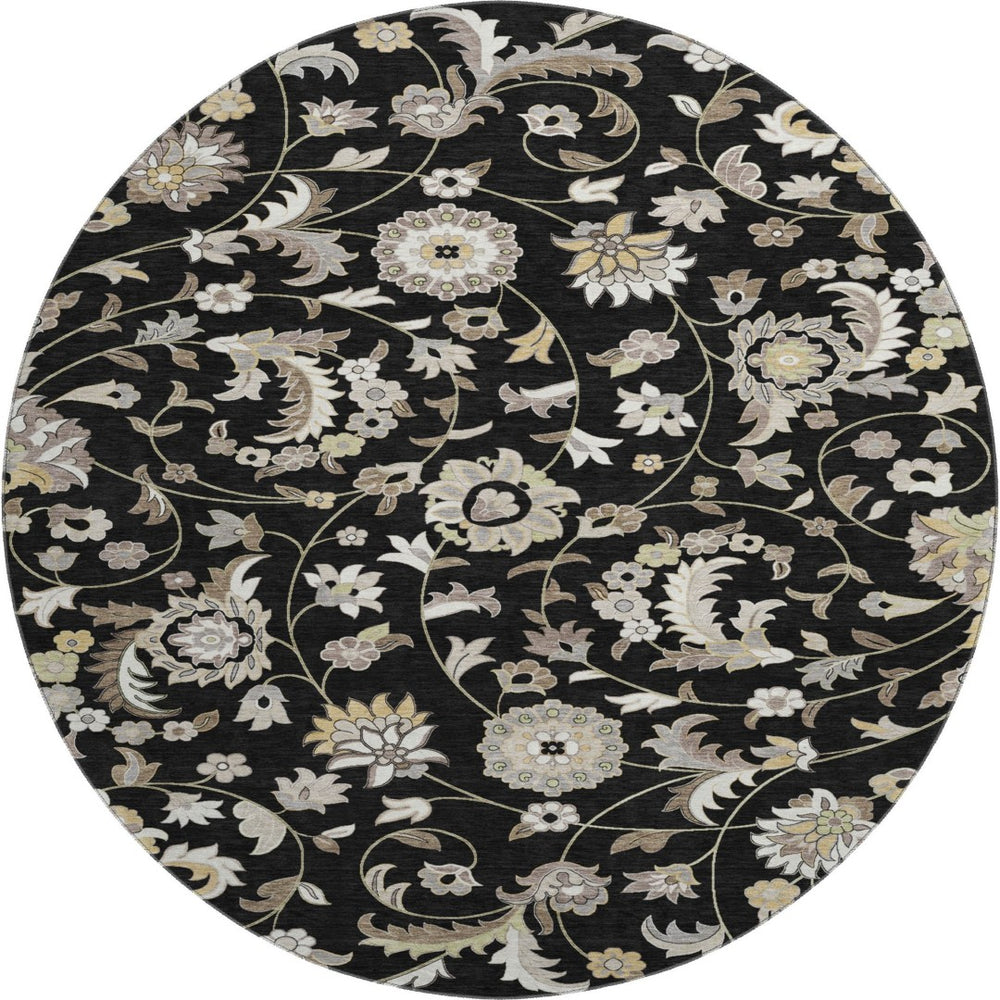 HomeRoots 8' Round Floral Washable Rug in Black, Ivory & Beige – Durable, UV Protected, Ideal for High-Traffic Spaces 678961