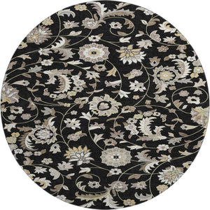 HomeRoots 8' Round Floral Washable Rug in Black, Ivory & Beige – Durable, UV Protected, Ideal for High-Traffic Spaces 678961