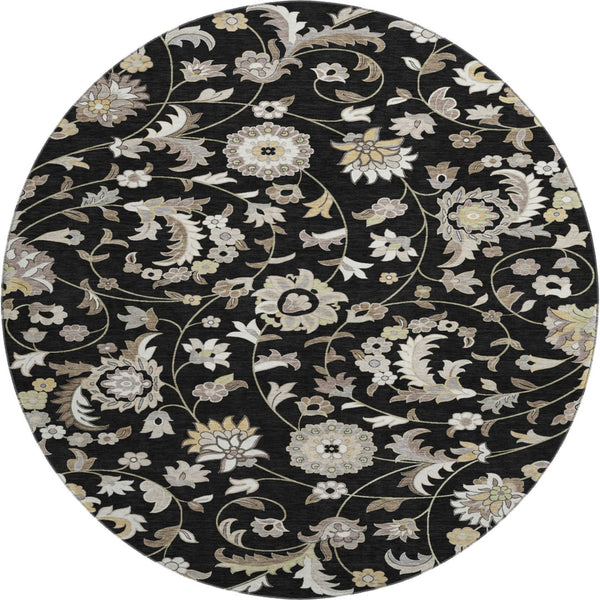 HomeRoots 8' Round Floral Washable Rug in Black, Ivory & Beige – Durable, UV Protected, Ideal for High-Traffic Spaces 678961