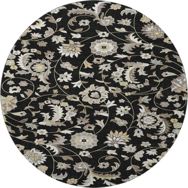 HomeRoots 8' Round Floral Washable Rug in Black, Ivory & Beige – Durable, UV Protected, Ideal for High-Traffic Spaces 678961