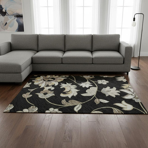 HomeRoots 8' X 10' Floral Washable Area Rug - Stylish Black, Ivory & Beige Design with UV Protection & Durability 678962