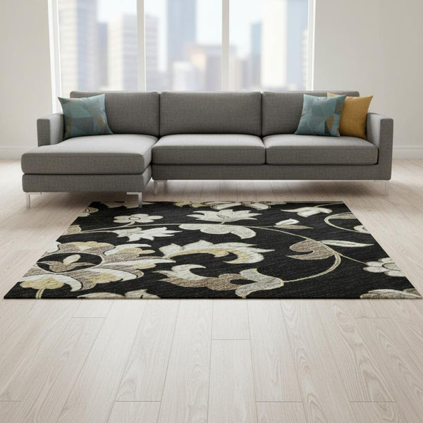 HomeRoots 9' X 12' Black Ivory Beige Floral Washable Area Rug - UV Protected, Durable & Easy Care Solution! 678963