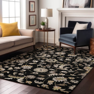 HomeRoots 9' X 12' Black Ivory Beige Floral Washable Area Rug - UV Protected, Durable & Easy Care Solution! 678963