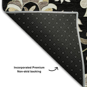 HomeRoots 9' X 12' Black Ivory Beige Floral Washable Area Rug - UV Protected, Durable & Easy Care Solution! 678963