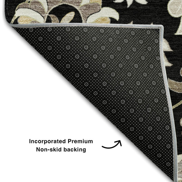 HomeRoots 9' X 12' Black Ivory Beige Floral Washable Area Rug - UV Protected, Durable & Easy Care Solution! 678963