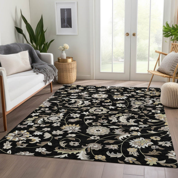 HomeRoots 9' X 12' Black Ivory Beige Floral Washable Area Rug - UV Protected, Durable & Easy Care Solution! 678963