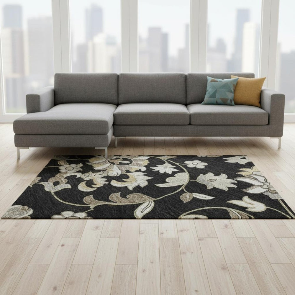 HomeRoots 10' X 14' Elegant Black Ivory Beige Floral Washable Area Rug with UV Protection for Busy Homes 678964
