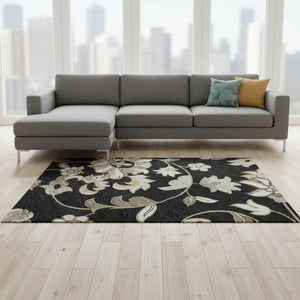 HomeRoots 10' X 14' Elegant Black Ivory Beige Floral Washable Area Rug with UV Protection for Busy Homes 678964