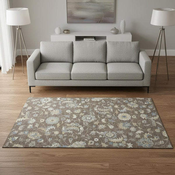 HomeRoots 5' X 8' Stylish Chocolate, Blue & Beige Floral Area Rug - Washable, UV Protected, Stain Resistant! 678966