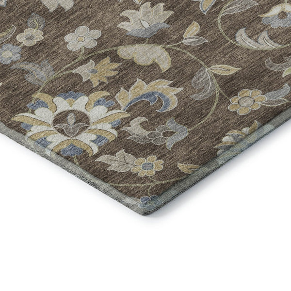 HomeRoots 5' X 8' Stylish Chocolate, Blue & Beige Floral Area Rug - Washable, UV Protected, Stain Resistant! 678966