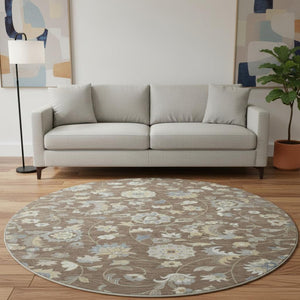 HomeRoots 8' Washable Round Rug with Elegant Chocolate, Blue & Beige Floral Design - UV Protection & Durable 678967