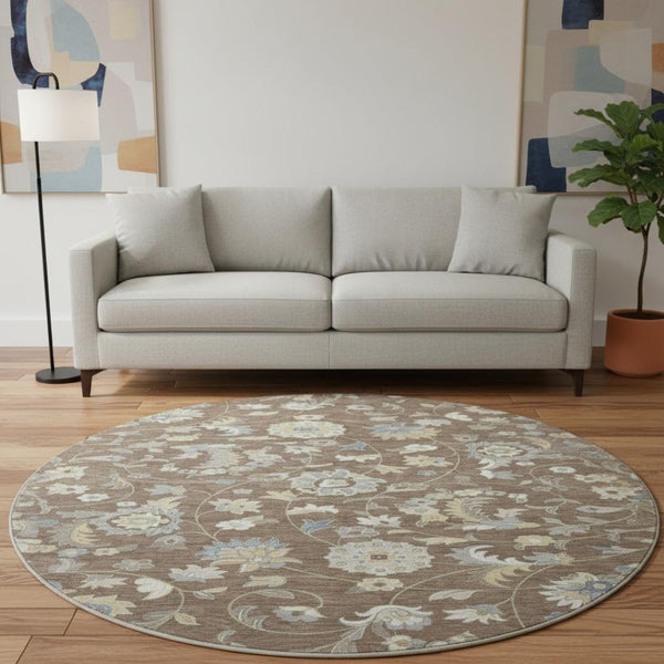 HomeRoots 8' Washable Round Rug with Elegant Chocolate, Blue & Beige Floral Design - UV Protection & Durable 678967