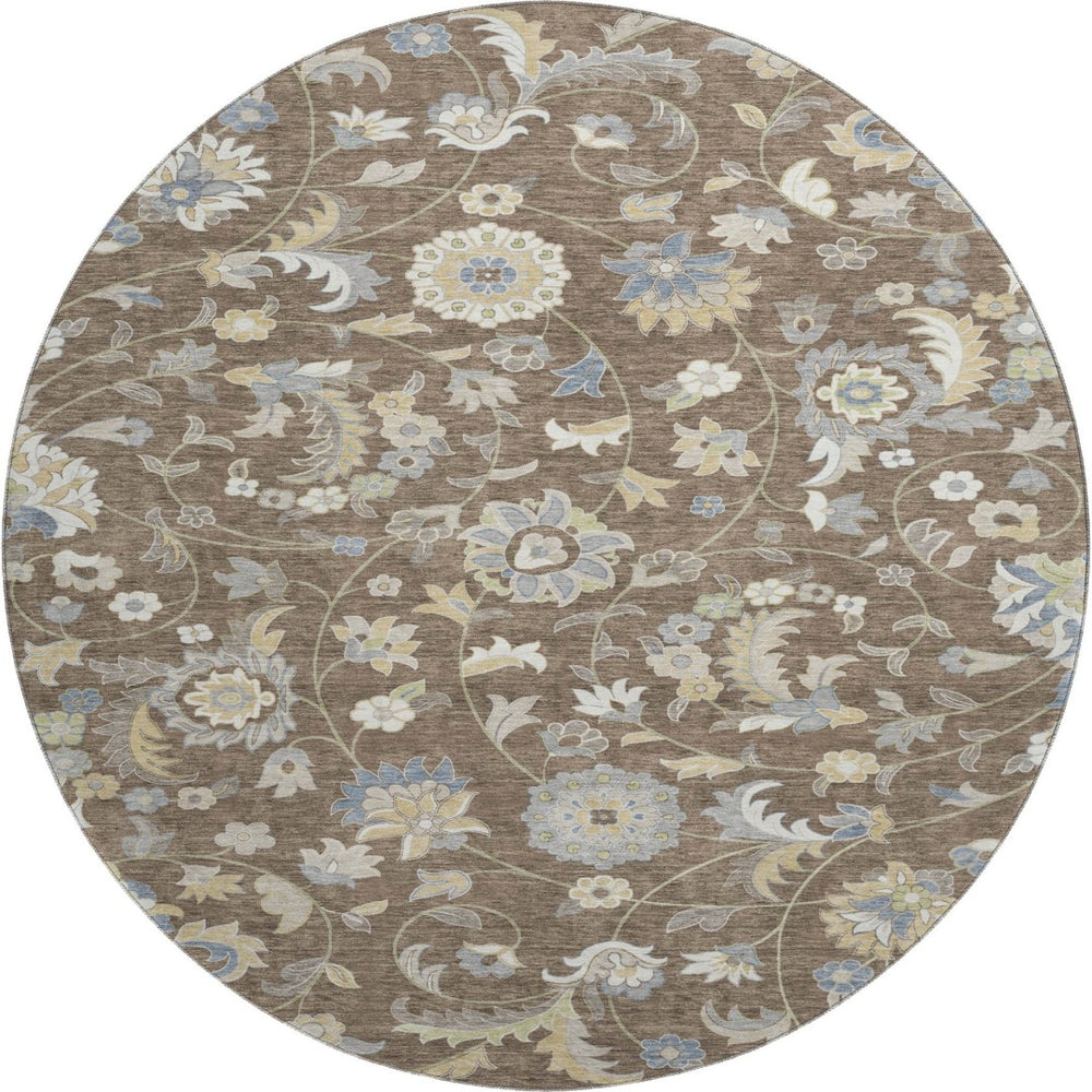 HomeRoots 8' Washable Round Rug with Elegant Chocolate, Blue & Beige Floral Design - UV Protection & Durable 678967