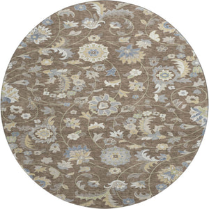 HomeRoots 8' Washable Round Rug with Elegant Chocolate, Blue & Beige Floral Design - UV Protection & Durable 678967