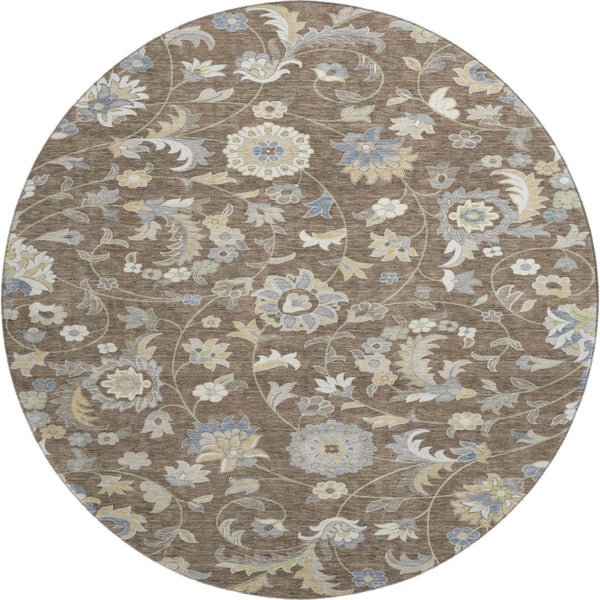 HomeRoots 8' Washable Round Rug with Elegant Chocolate, Blue & Beige Floral Design - UV Protection & Durable 678967