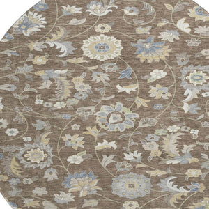 HomeRoots 8' Washable Round Rug with Elegant Chocolate, Blue & Beige Floral Design - UV Protection & Durable 678967