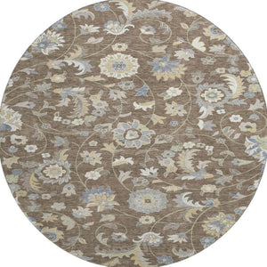HomeRoots 8' Washable Round Rug with Elegant Chocolate, Blue & Beige Floral Design - UV Protection & Durable 678967