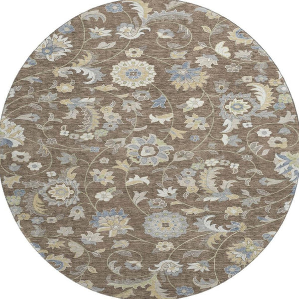 HomeRoots 8' Washable Round Rug with Elegant Chocolate, Blue & Beige Floral Design - UV Protection & Durable 678967